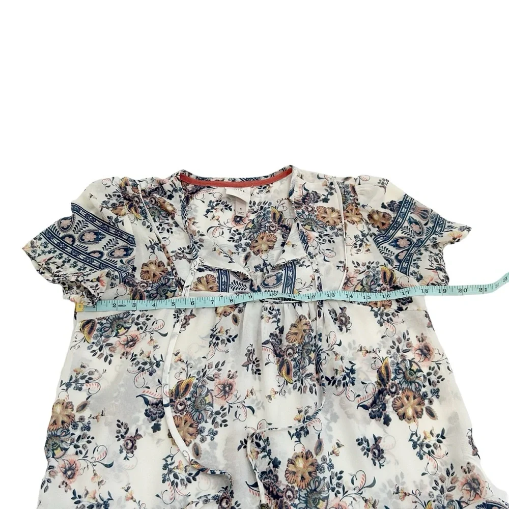 Knox Rose Small White Multicolor Floral Boho Peasant Tie Front Blouse